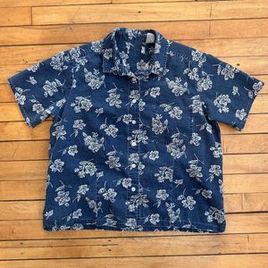 Vintage 1990s ll bean linen cotton blue white floral Button Down Short Sleeve M